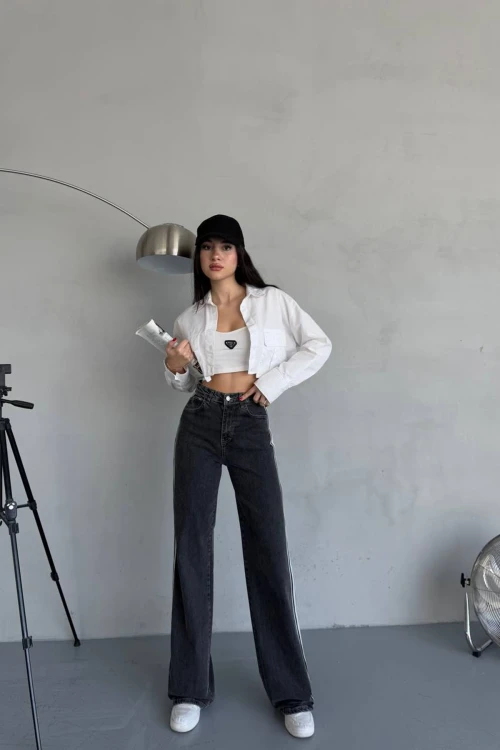 Antrasit 5 Cepli Yıkamalı Şerit Detaylı Baggy Jeans BCNW-251380