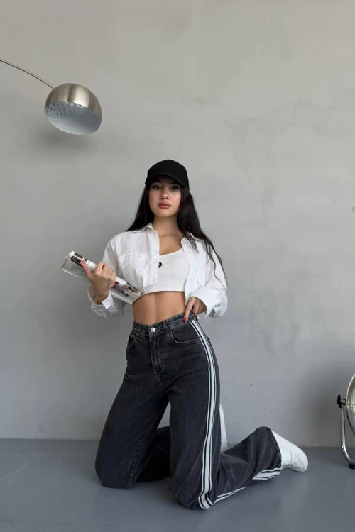 Antrasit 5 Cepli Yıkamalı Şerit Detaylı Baggy Jeans BCNW-251380