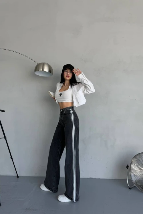 Antrasit 5 Cepli Yıkamalı Şerit Detaylı Baggy Jeans BCNW-251380