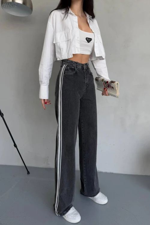 Antrasit 5 Cepli Yıkamalı Şerit Detaylı Baggy Jeans BCNW-251380