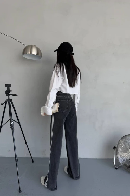 Antrasit 5 Cepli Yıkamalı Şerit Detaylı Baggy Jeans BCNW-251380