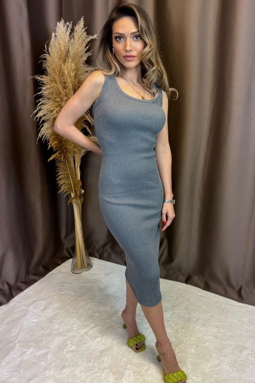 Antrasit Askılı Fitilli Örme Elbise BCOR-252013