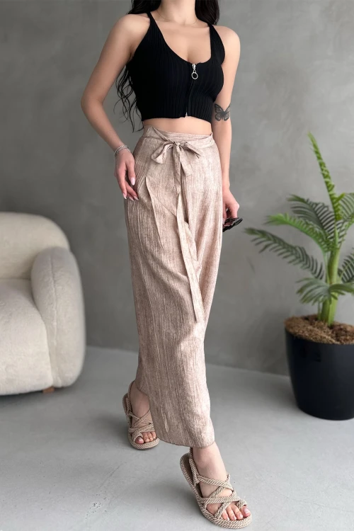 Bej Bağlamalı Anvelop Kesim Salaş Keten Dokuma Pantolon BCDF-251108