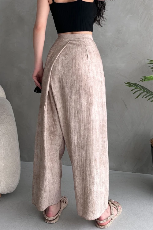 Bej Bağlamalı Anvelop Kesim Salaş Keten Dokuma Pantolon BCDF-251108