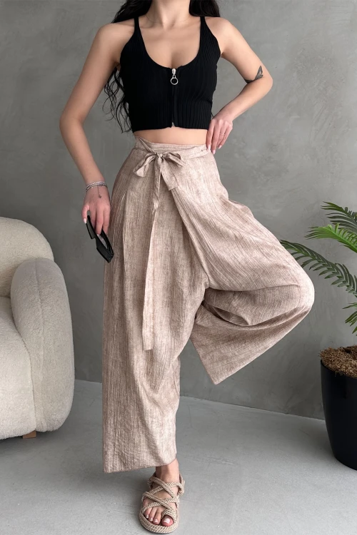 Bej Bağlamalı Anvelop Kesim Salaş Keten Dokuma Pantolon BCDF-251108