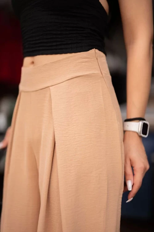 Bej Çift Pileli Aerobin Dokuma Palazzo Pantolon BCIR-251003