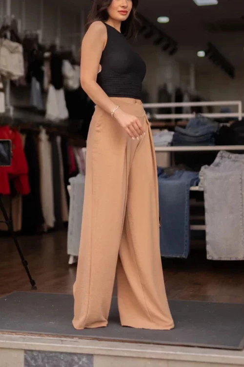 Bej Çift Pileli Aerobin Dokuma Palazzo Pantolon BCIR-251003