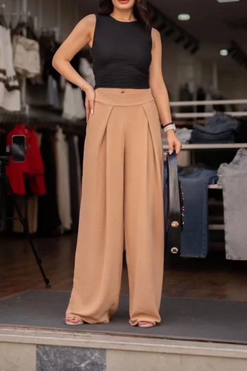 Bej Çift Pileli Aerobin Dokuma Palazzo Pantolon BCIR-251003
