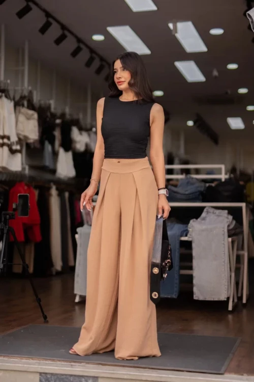 Bej Çift Pileli Aerobin Dokuma Palazzo Pantolon BCIR-251003