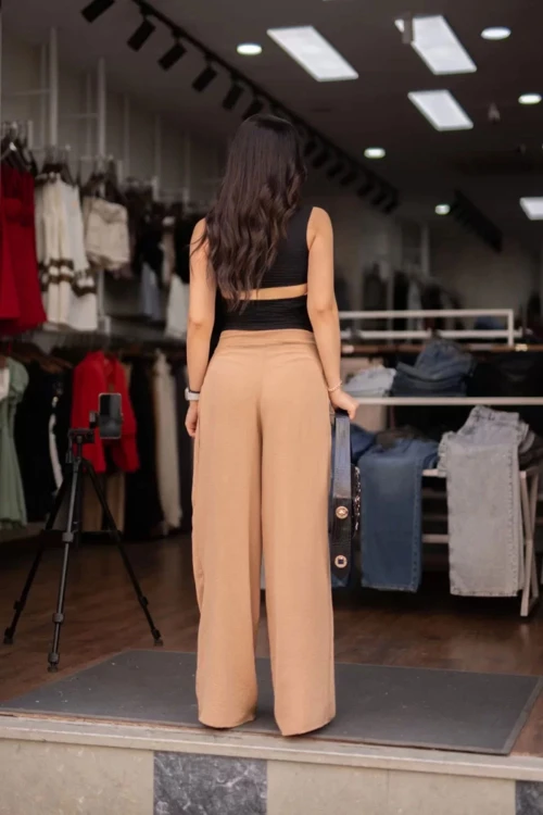 Bej Çift Pileli Aerobin Dokuma Palazzo Pantolon BCIR-251003