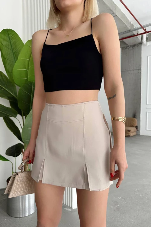 Bej Çift Yırtmaçlı Şort Etek BCHN-25250364