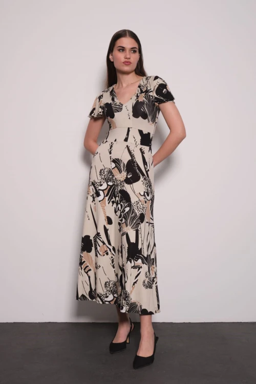 Bej Desenli V Yaka Belden Oturtmalı Viscon Yumuşak Dokulu Elbise BCVS-252001