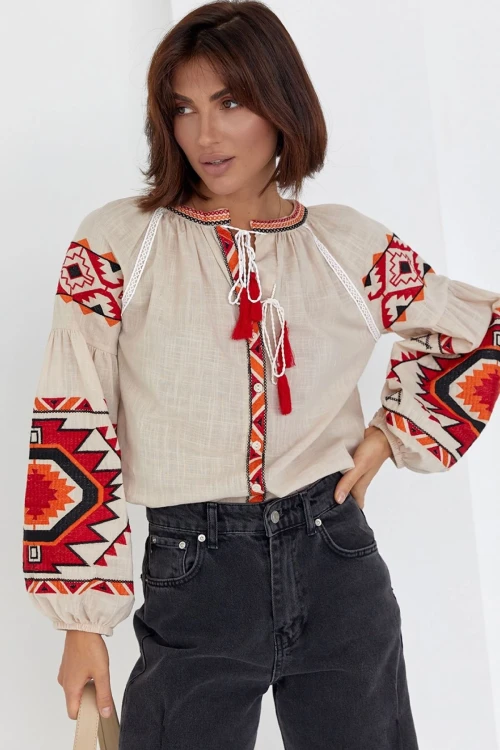 Bej Püsküllü Nakış İşlemeli Pamuklu Dokuma Gömlek BCEQ-25B1013