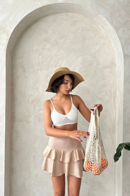 Bej Yüksek Bel Eteği Fırfırlı Dokuma Etek BCHN-2525681