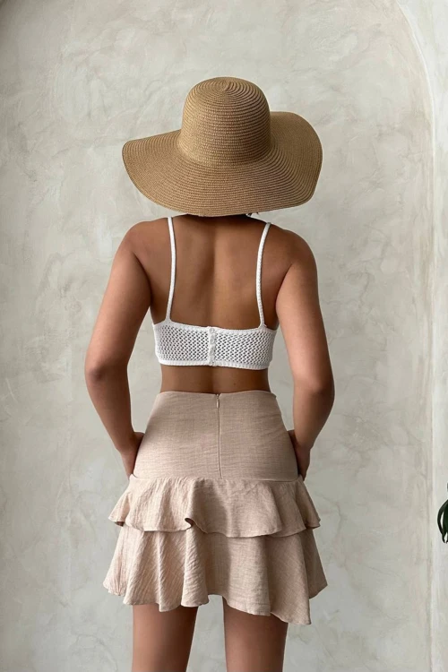 Bej Yüksek Bel Eteği Fırfırlı Dokuma Etek BCHN-2525681