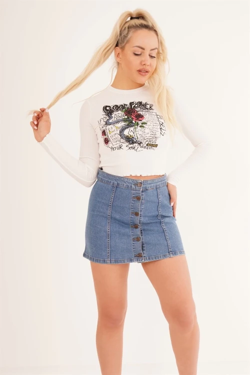 Beyaz Bisiklet Yaka Baskılı Pamuklu Crop Bluz CO-2523254245