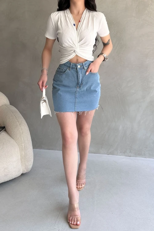 Beyaz Kruvaze Yaka Crop Bluz BCDF-252178