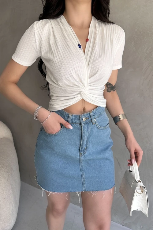 Beyaz Kruvaze Yaka Crop Bluz BCDF-252178