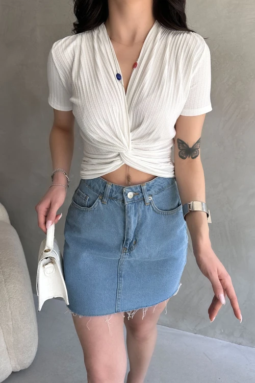 Beyaz Kruvaze Yaka Crop Bluz BCDF-252178