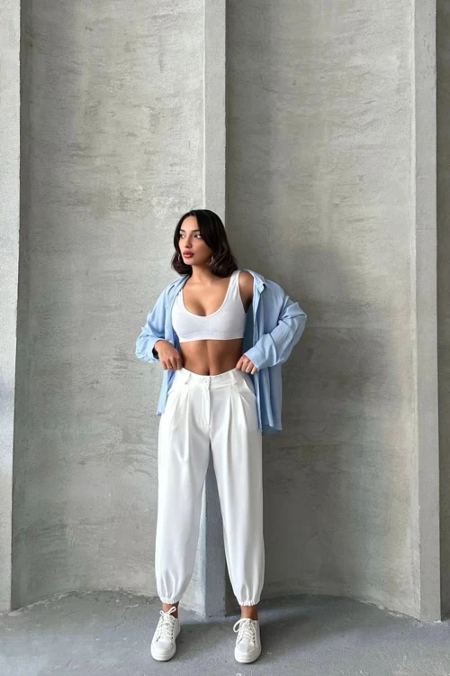 Beyaz Paçası Lastikli Çift Cepli Pantolon BCHN-2525202