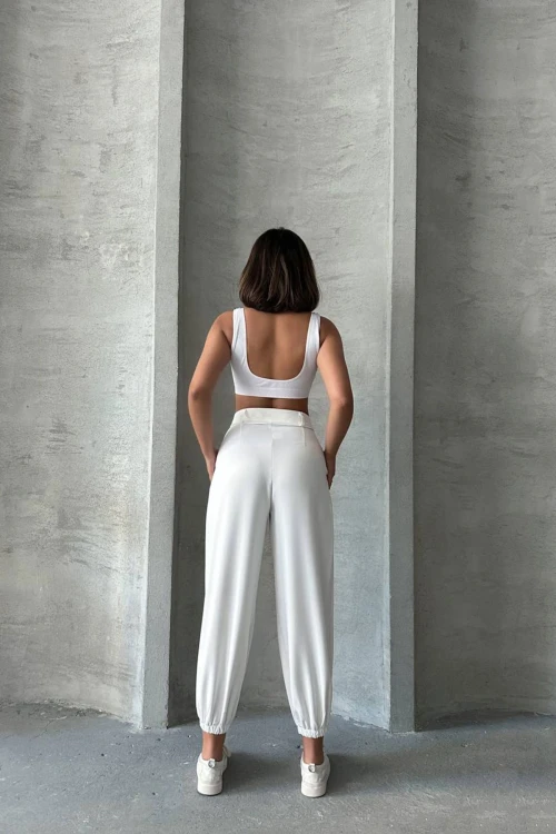 Beyaz Paçası Lastikli Çift Cepli Pantolon BCHN-2525202