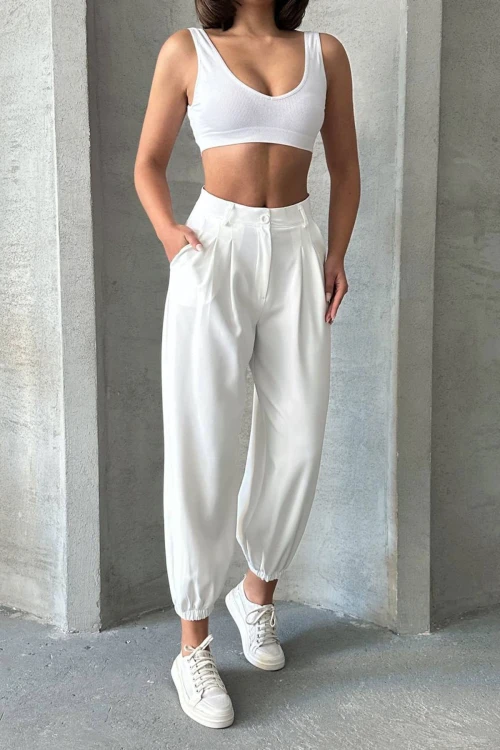 Beyaz Paçası Lastikli Çift Cepli Pantolon BCHN-2525202