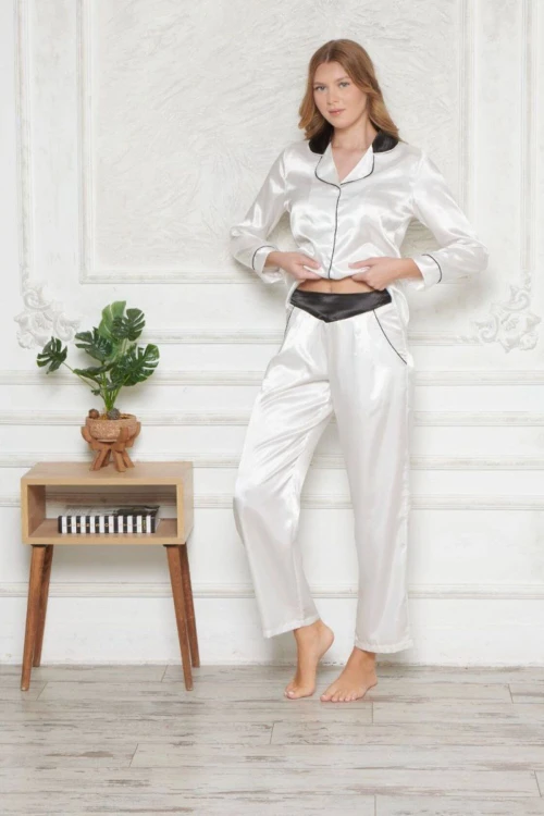 Beyaz Saten Ara Biyeli 2Li Pijama Takımı BCAN-251201AS