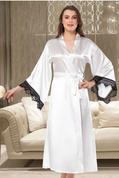 Beyaz Saten Dantel Detaylı Kimono Uzun Sabahlık BCAN-255902FA