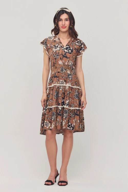 Bisküvi V Yaka Nervürlü Çiçek Desenli Yazlık Viscon Elbise BCVL-25V054