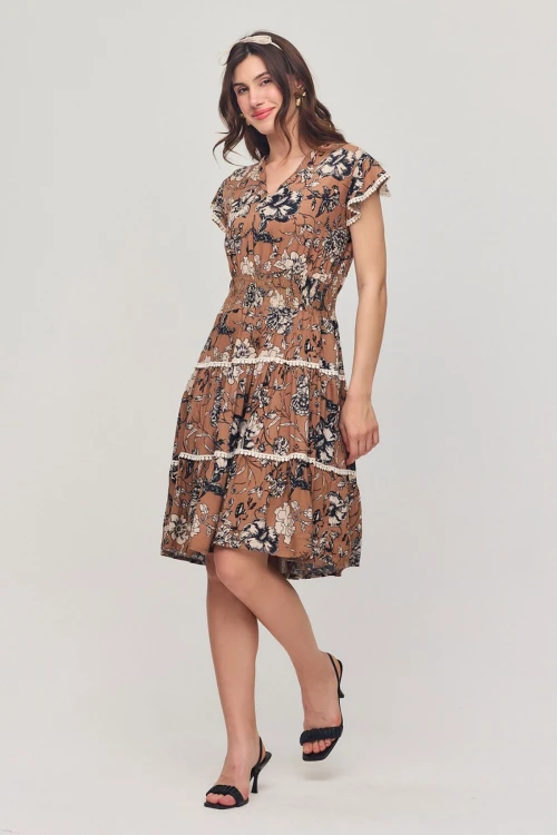 Bisküvi V Yaka Nervürlü Çiçek Desenli Yazlık Viscon Elbise BCVL-25V054