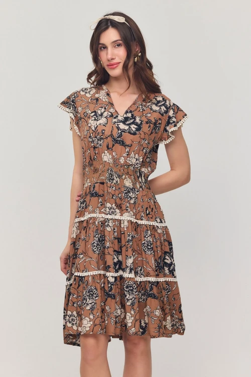 Bisküvi V Yaka Nervürlü Çiçek Desenli Yazlık Viscon Elbise BCVL-25V054