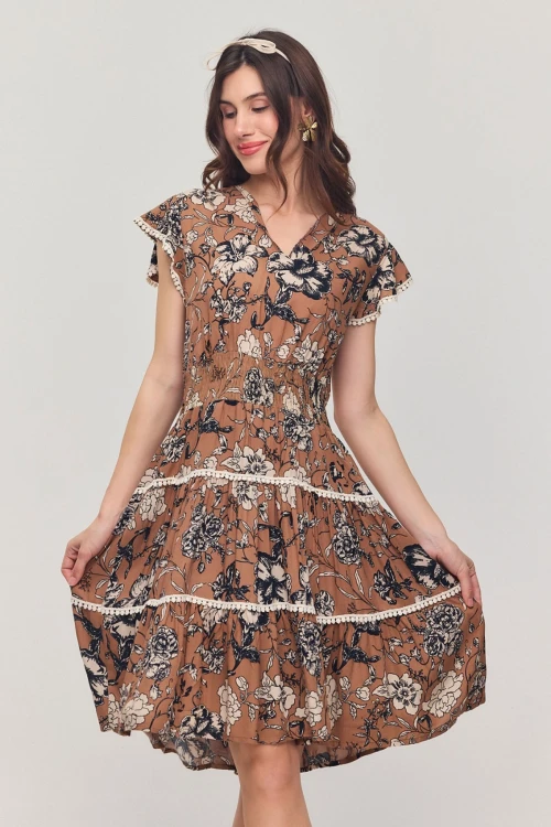 Bisküvi V Yaka Nervürlü Çiçek Desenli Yazlık Viscon Elbise BCVL-25V054