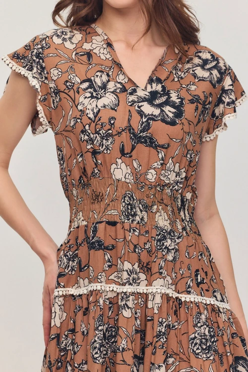 Bisküvi V Yaka Nervürlü Çiçek Desenli Yazlık Viscon Elbise BCVL-25V054