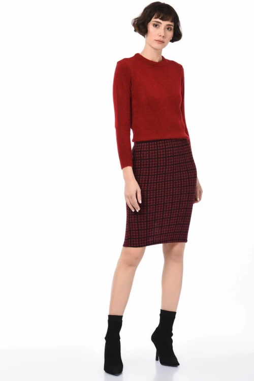 Bordo Beli Lastikli Yırtmaçlı Kalem Etek CO-258525287