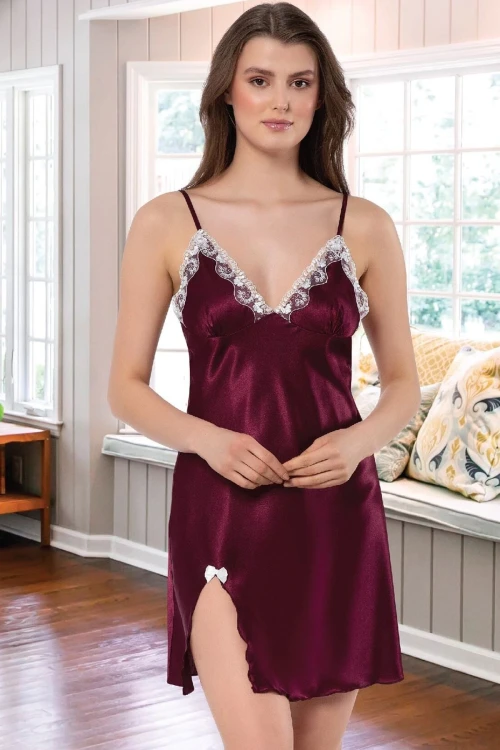 Bordo Saten Dantel Detaylı Gecelik Sabahlık 2’Li Takım BCAN-252115FA