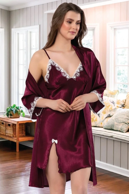 Bordo Saten Dantel Detaylı Gecelik Sabahlık 2’Li Takım BCAN-252115FA