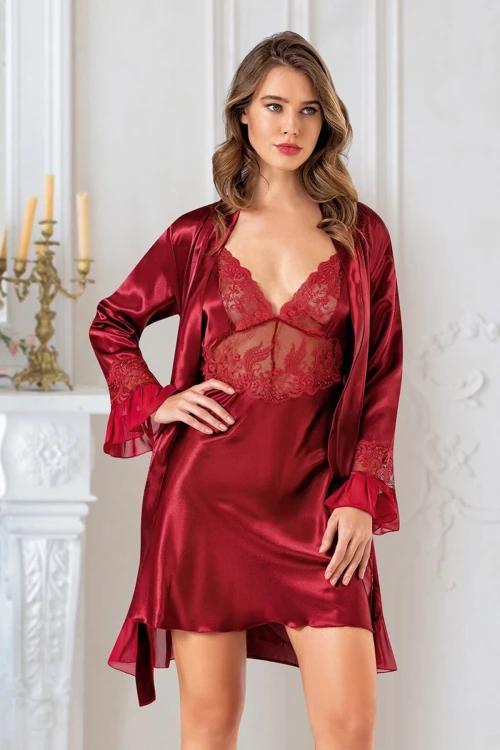 Bordo Saten Gecelik Sabahlık 2’Li Takım Dantel Ve Güpürlü BCAN-251610AS