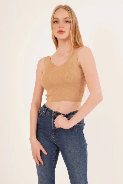 Camel Merdiven Yaka Triko Bluz CO-2523256336