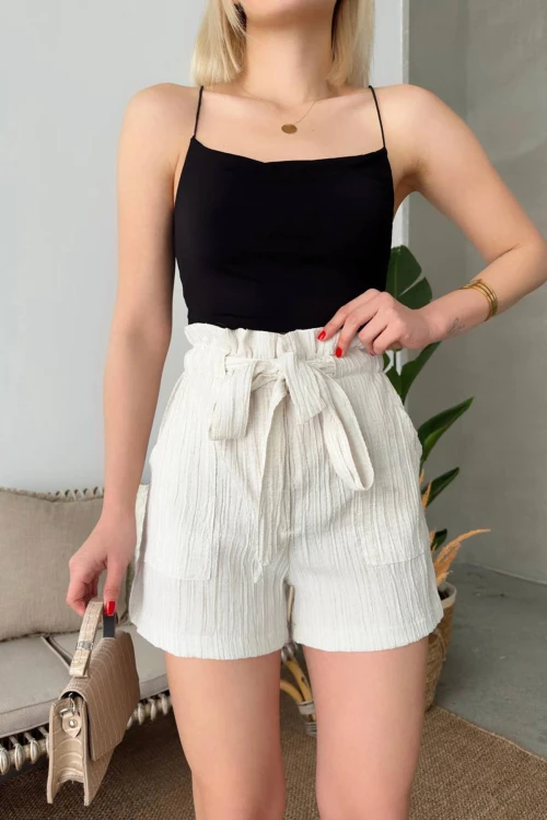 Ekru Beli Büzgülü Kuşak Detaylı Lastikli Şort BCHN-2525265
