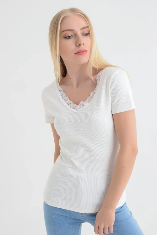 Ekru Önü Arkası V Dantelli Kısa Kol Kaşkorse Bluz CO-2591515270
