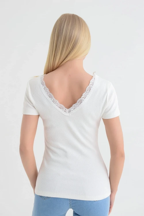 Ekru Önü Arkası V Dantelli Kısa Kol Kaşkorse Bluz CO-2591515270