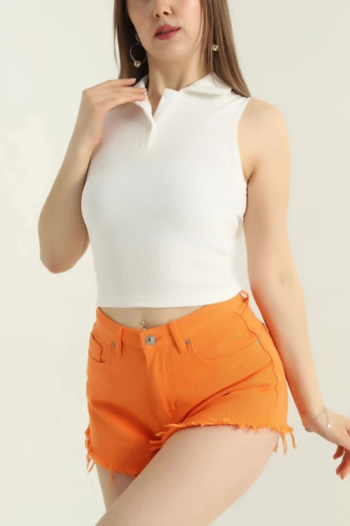 Ekru Polo Yaka Sıfır Kol Kaşkorse Yazlık Bluz BCCL-253005