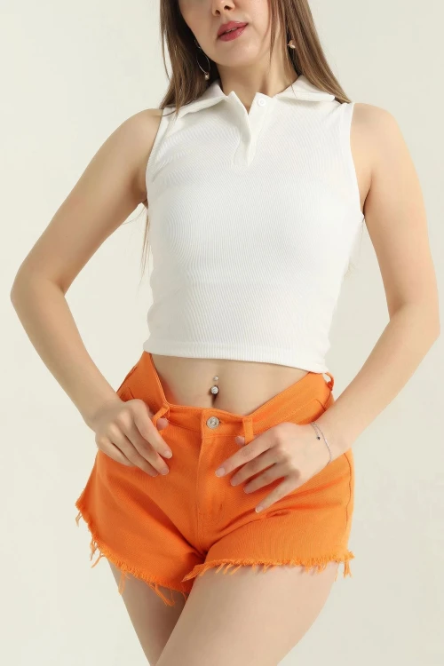 Ekru Polo Yaka Sıfır Kol Kaşkorse Yazlık Bluz BCCL-253005