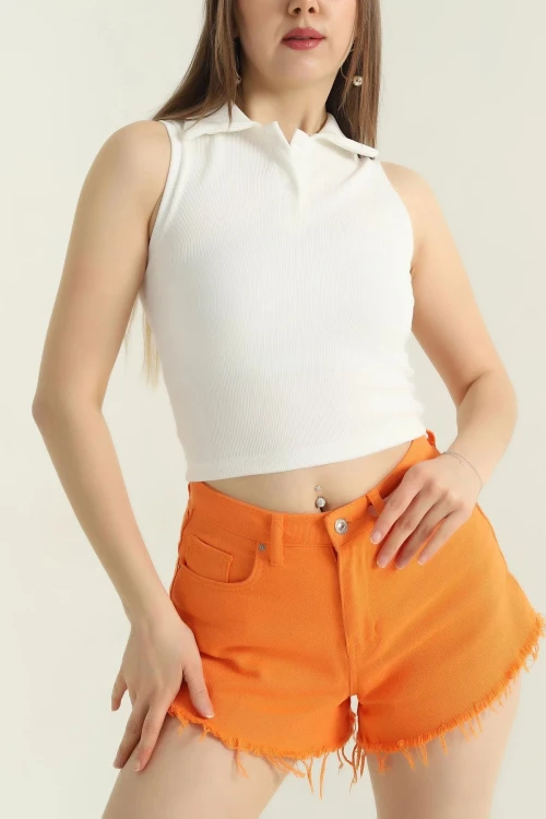 Ekru Polo Yaka Sıfır Kol Kaşkorse Yazlık Bluz BCCL-253005