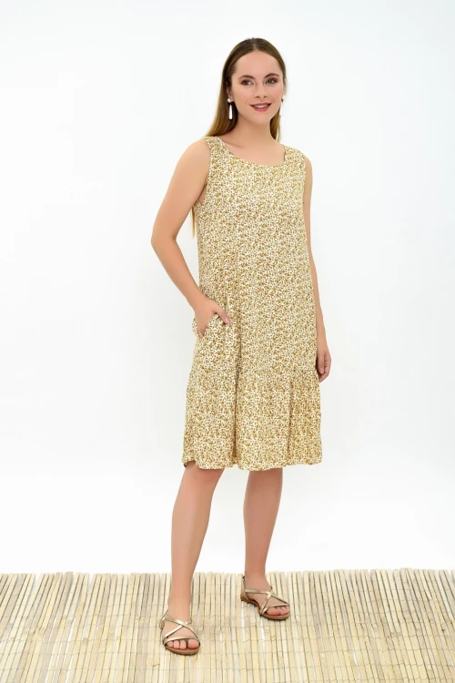 Ekru Sarı Fırfırlı Cepli Kolsuz Dokuma Elbise CO-2593030322