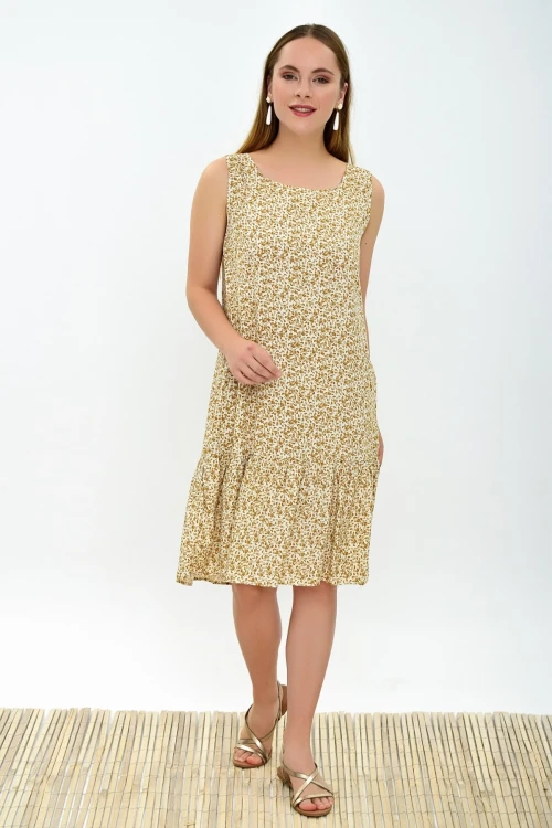 Ekru Sarı Fırfırlı Cepli Kolsuz Dokuma Elbise CO-2593030322