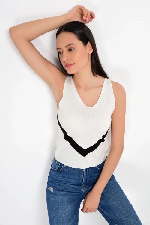 Ekru V Çizgili Askılı Triko Bluz CO-259206172