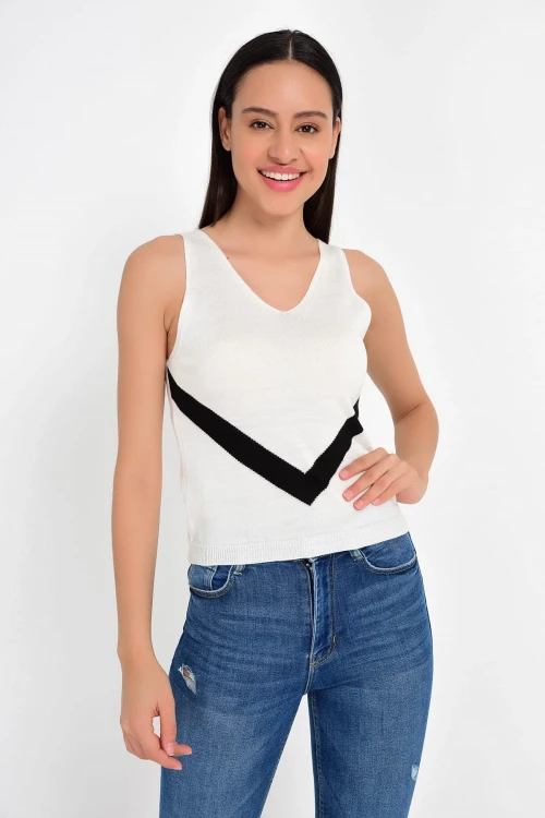Ekru V Çizgili Askılı Triko Bluz CO-259206172