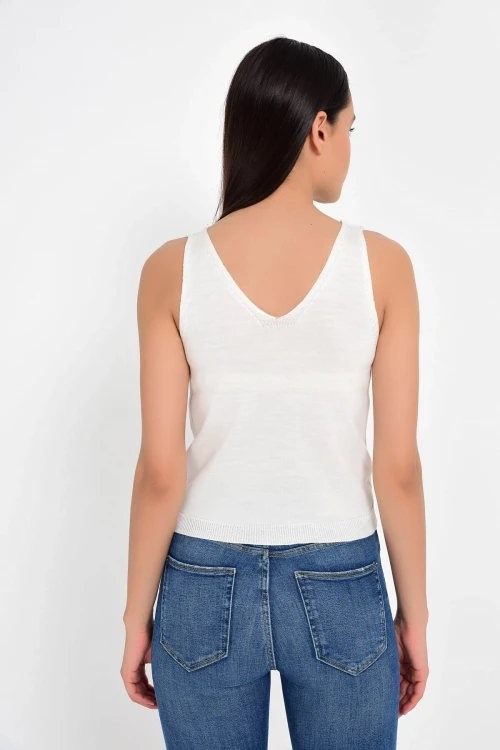 Ekru V Çizgili Askılı Triko Bluz CO-259206172