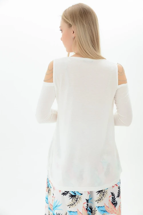 Ekru V Yaka Omuzu Açık Zincir Detaylı Viscon Bluz CO-259101376